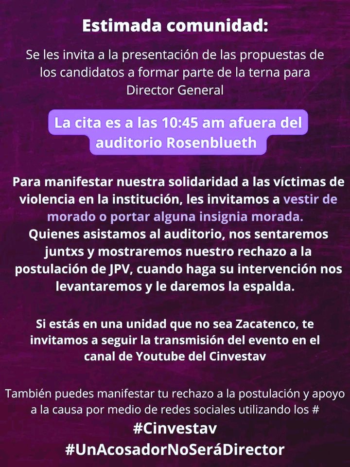 Dra_Malvada's tweet image. #Cinvestav  #UnAcosadorNoSeráDirector
Las compañeras de Cinvestav están pidiendo asistir a la presentación de los planes de trabajo de los candidatos. JPV es uno de ellos,es investigador y ha tenido 4 denuncias por acoso y hostigamiento sexual

La liga: youtube.com/c/CinvestavOfi…