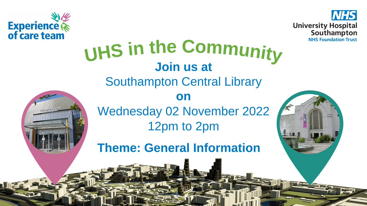 Experience of Care at UHSFT (@wecareuhsft) on Twitter photo Come and join <a href="/UHSFT/">University Hospital Southampton π</a> <a href="/SotonChildHosp/">Southampton Children's Hospital</a> at one of #UHSintheCommunity events
Our first event will take place this Wednesday, 2nd November at Southampton Central library <a href="/SotonLibraries/">SouthamptonLibraries</a>
You can meet staff and find out more about our services Come and join <a href="/UHSFT/">University Hospital Southampton π</a> <a href="/SotonChildHosp/">Southampton Children's Hospital</a> at one of #UHSintheCommunity events
Our first event will take place this Wednesday, 2nd November at Southampton Central library <a href="/SotonLibraries/">SouthamptonLibraries</a>
You can meet staff and find out more about our services