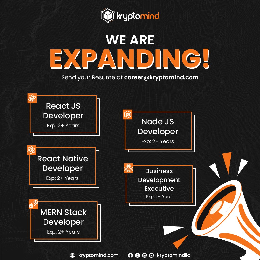 Kryptomindllc's tweet photo. Take the leap to redefine your careers. Join our Team!

Send your resumes at careers@kryptomind.com or visit https://t.co/iiXb4qG67C for more information.

#reactjsdeveloper #reactnativedeveloper #nodejsdeveloper #mernstackdeveloper #businessdevelopmentexecutive #kryptomind https://t.co/0eISBgJF5g
