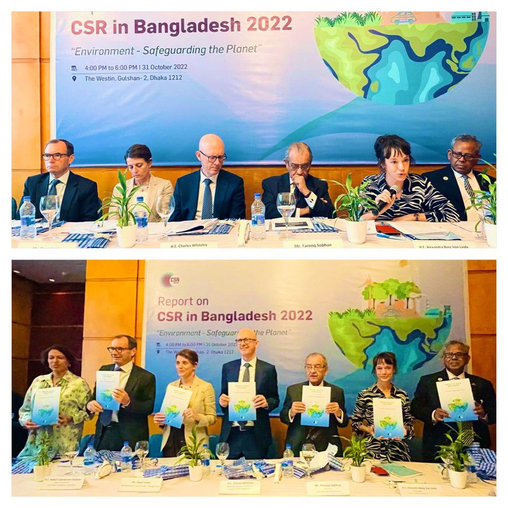 SwedenAmbBD's tweet photo. Today was all about #CSR in #Bangladesh! Good discussion led by the CSR-center in the lead up to #COP27 on the role of the private sector in achieving the #SDGs &amp; #ParisAgreement. Corporate Social Responsibility is a priority for 🇸🇪 &amp; our companies are leaders in #sustainability. https://t.co/UXUD0aS5gf