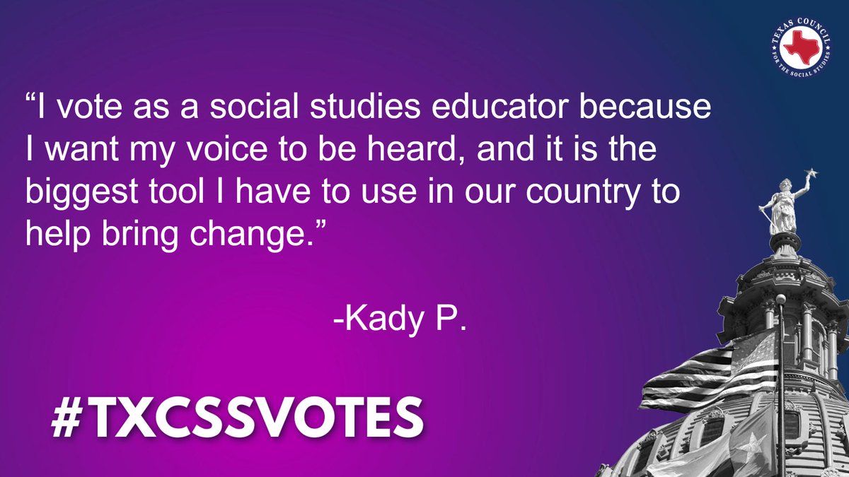 TxSocialStudies's tweet photo. “I vote as a social studies educator because I want my voice to be heard, and it is the biggest tool I have to use in our country to help bring change.”
-Kady P.
#EducatorVotingDay! #txcssvotes #txed #vote https://t.co/h33HgdgI3Q