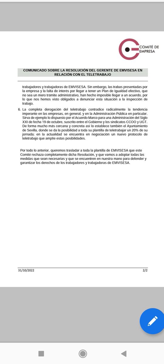 Comunicado sobre la Resolución del Director Gerente de <a href="/emvisesa/">Emvisesa</a> mediante la que deroga de manera unilateral e inmediata la modalidad de teletrabajo para la plantilla de <a href="/emvisesa/">Emvisesa</a>.
<a href="/Ayto_Sevilla/">Ayuntamiento de Sevilla</a> <a href="/ccoosevilla/">CCOO de Sevilla</a> <a href="/FscCcoo/">FSC CCOO SEVILLA</a>