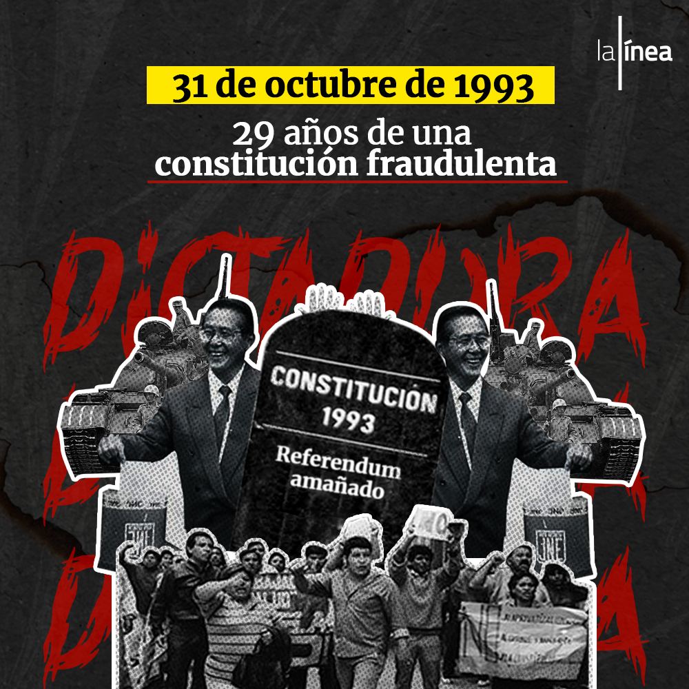 A 29 AÑOS DE UNA CONSTITUCIÓN FRAUDULENTA 🔥 Un día como hoy, el 31 de octubre de 1993, la dictadura de Alberto Fujimori legitimó el autogolpe con un Referéndum amañado para aprobar la nueva Constitución Recordar es luchar 💪 Dale RT y comparte #Efemerides #31octubre