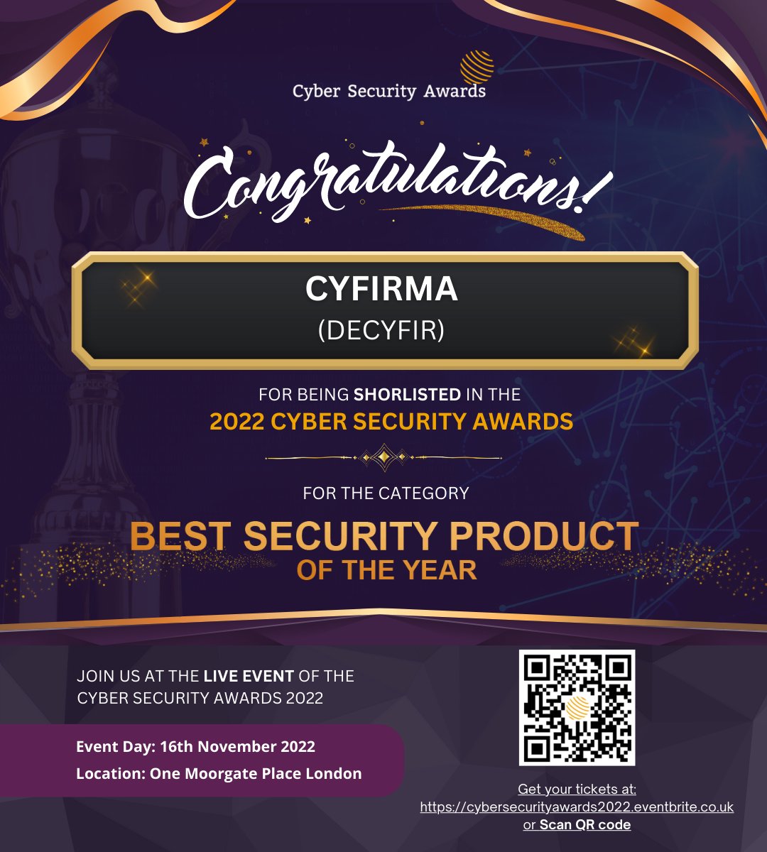 CYFIRMA's core platform for #ExternalThreatLandscapeManagement #ETLM #DeCYFIR has been shortlisted in the upcoming #2022CyberSecurityAwards. We are vying for the #BestSecurityProductOfTheYear award!