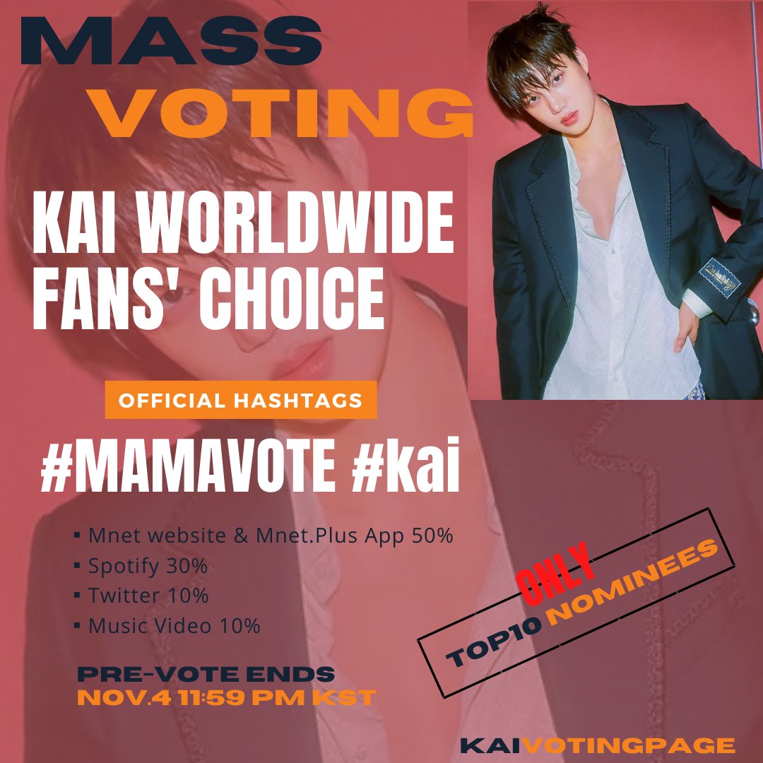 [RETWEET] DAILY 2ND MASS VOTING STARTS NOW!!! 

📌WebSite
🗳️ mnetplus.world
📌Mnet Plus App:
🗳️ 2022mama.com/vote
📌SPOTIFY:
🗳️ 2022mama.com/vote/spotify 

STREAM: 'Peaches' MV on YouTube 
🔗:youtu.be/GUdnTGnm6Yk

KAI WORLDWIDE FANS' CHOICE
#MAMAVOTE #kai