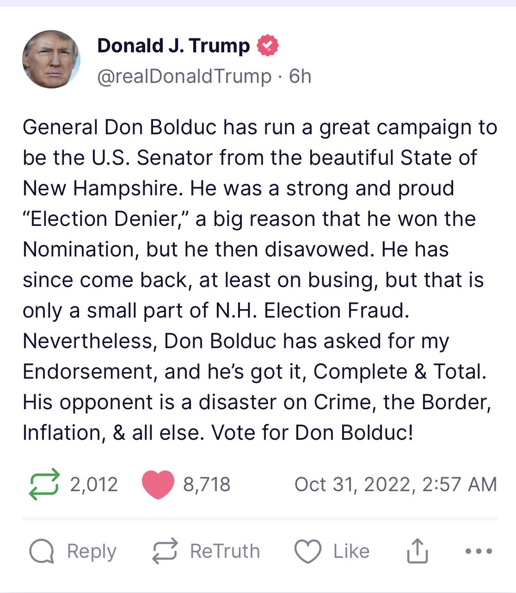 Trump endorses Don Bolduc in NH, saying he has “come back” to election denialism after initially disavowing it.