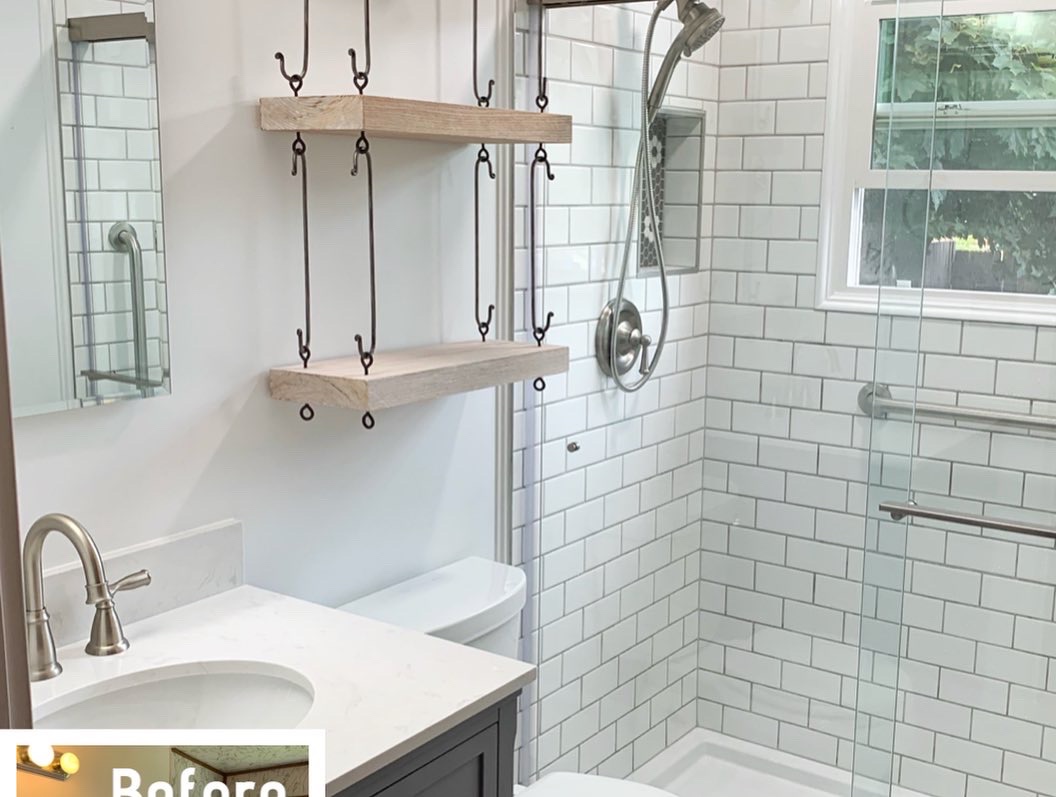 DIYprotipsBlog's tweet image. Amazing bathroom transformation. Complete remodel including shower conversion w/ custom tile and glass door, new subfloor &amp;amp; floor tile, custom shelving &amp;amp; new lighting. spokanehandymanpro.com