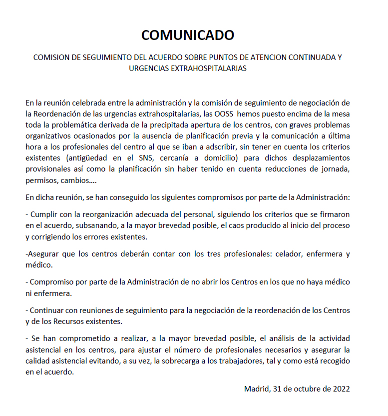 ¡Tranquilidad todos!, que nadie se alarme. La #CAM ha prometido que va a hacer bien su trabajo. Del cómo y cuándo no se sabe. Hay que confiar en ellos De momento, si alguien tiene una urgencia, nuestra recomendación, es que no pierda mucho tiempo en acudir a un #PAC #SOS_SUAPySAR