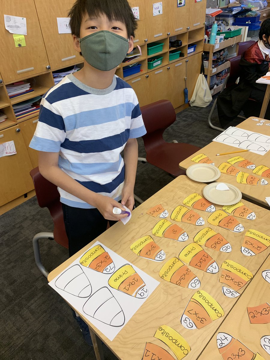CaedmonFifth's tweet photo. Halloween #CaedmonMath in 5th grade is candy corn matching and product of prime factors! Fun small group work that is also helping students practice their factorization skills! https://t.co/VwfyOWTSnE