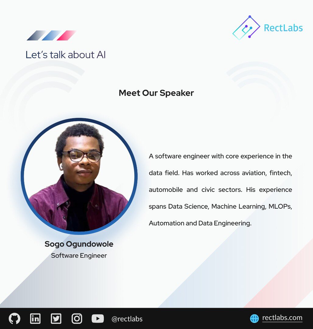 rectvision's tweet photo. Join us in our next episode of #LetsTalkAboutAI Series which will be centered on, "AI-Ops: AI + DevOps”

Our CEO, @Elisha would be hosting @elseagel, a software engineer with experience in MLOps &amp; Automation 

🗓: Thursday, 3rd Nov, 2022

📌: Youtube Live

⏰: 5pm WAT https://t.co/EfIc0wC2cw