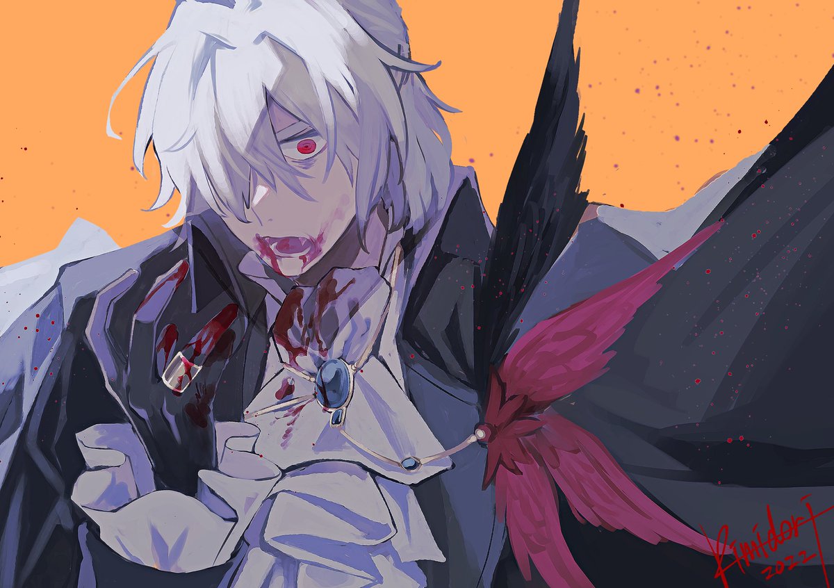 1boy male focus red eyes blood gloves solo white hair  illustration images