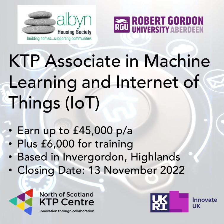 Excellent opportunity for a specialist in #MachineLearning or #InternetofThings #IoT to join a 36 month #Highlands based #KTP project with <a href="/RobertGordonUni/">Robert Gordon University (RGU)</a> and <a href="/albynhousing/">Albyn Housing</a>
Salary up to £45,000 pa with £6k training budget. Closes 13th November, apply now: bit.ly/3U8CksP