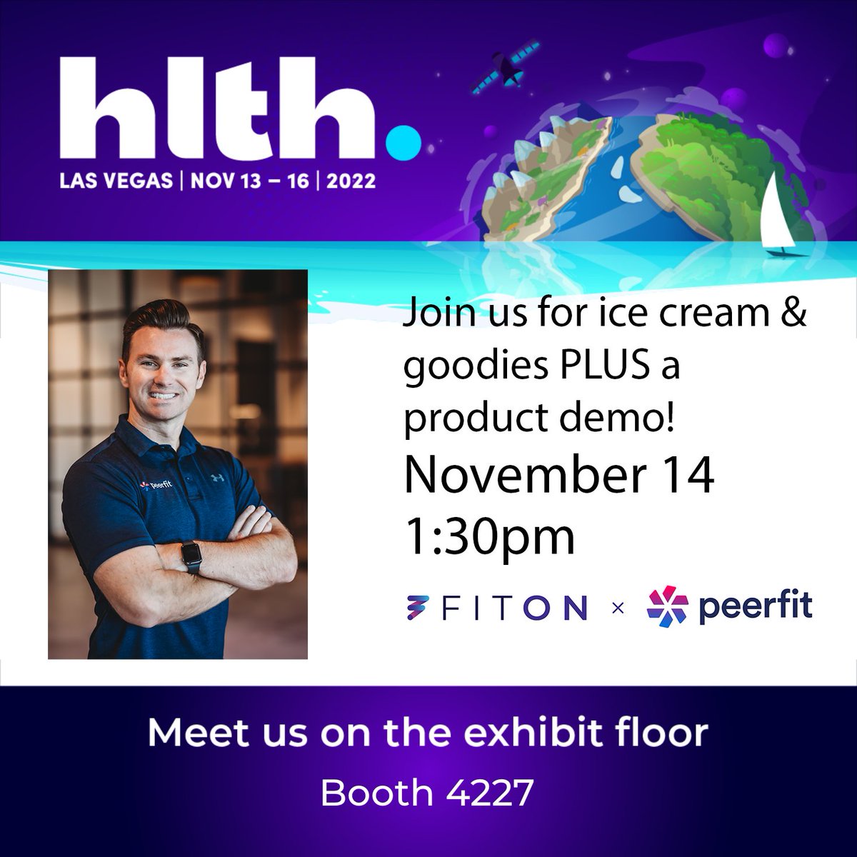 Are you attending the #HLTH2022 conference next month? If so, stop by and join the Fiton x Peerfit team for some ice cream and goodies, plus we'll show you how we're bringing amazing consumer tech to the healthcare industry!

1:30pm Monday, 11/14
Booth 4227