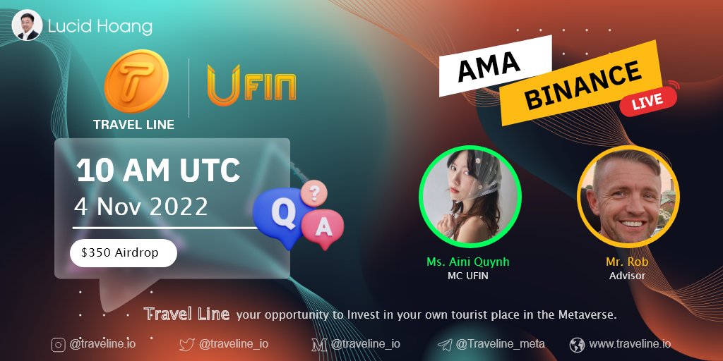 AMA #UFIN x #TRAVEL_LINE
📣 Don't miss the AMA on Binance live
📅 November 4, 2022.
⏰ 13:00 (UTC).

Set a reminder: binance.com/en/live/video?…

#TRN #crypto #binance #stream #Giveaway #Travel_line