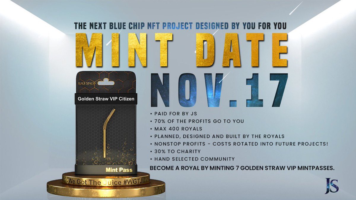 JuiceSpaces's tweet photo. 🚨 A GOLDEN MINT DATE 🚨

A once in a lifetime opportunity for a SELECT FEW exclusively!

Join this exclusive club of NFT founders, ambassadors, enthusiasts &amp; global CEOs &amp; create your very own NFT project.

Mint Price:0.06ETH

Mint Supply:3333

🔗https://t.co/98T4wKDLYs 
#NFTs https://t.co/apwN5e6uS9
