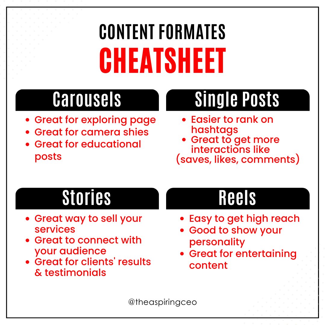 theaspiringceo5's tweet image. It’s time to understand the Instagram content format's purpose and how you can leverage them effectively.😍

Read here: bit.ly/3flfYW9

Follow @theaspiringceo for more.🎯

#theaspiringceo #instagramalgorithms #algorithm #instagram #monday
