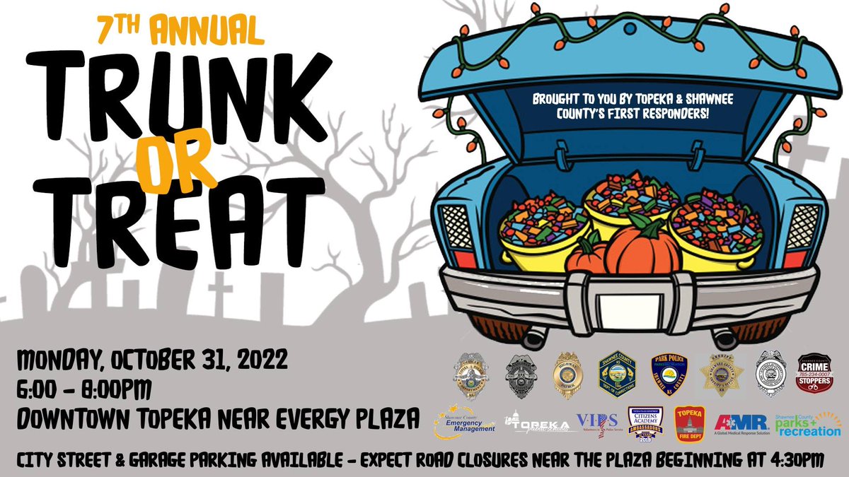 Happy Halloween 🎃Wishing everyone a safe & fun day!

Swing by our Trunk or Treat downtown at @EvergyPlaza this evening starting at 6pm 👻

We will have our Special Weapons And Tactics (SWAT) Team, Tactical Communications Vehicle (TCV) and patrol cars there handing out treats!!