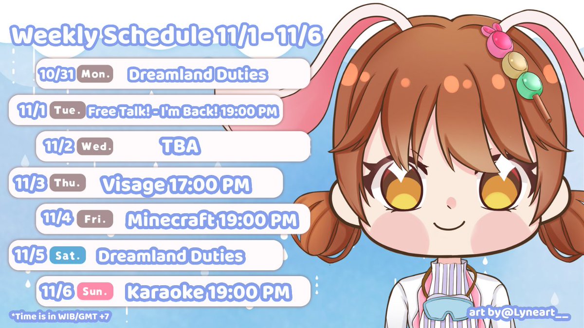 MaiAKAVirtual's tweet photo. ✨Weekly Schedule! 11/1 - 11/6✨
🍡#MaiDaily ー General
🎏#MaiLiveStream ー Livestream
🎨#ShowMaiArt ー Fanart
🐰#MaiNichi ー Fan name
🤡#MaiFun ー Memes
📽️#MaiMoments ー Clips https://t.co/RIbD4ls6kz