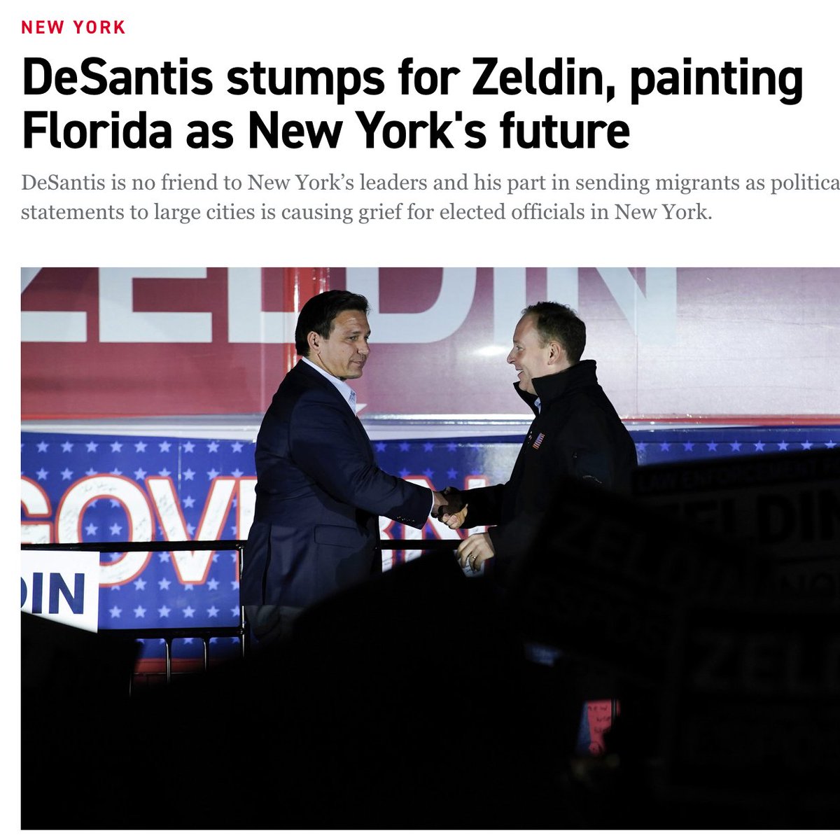 DeSantis has dehumanized asylum seekers, attacked LGBTQ+ rights, and worked to ban abortion.

In bringing him to New York, Zeldin is showing us the kind of extremist Governor he would be.