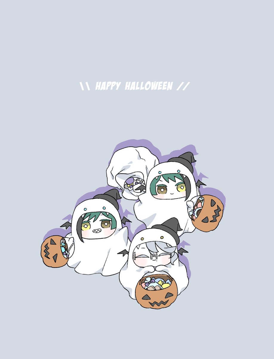 ghost costume halloween bucket candy heterochromia streaked hair multiple boys yellow eyes  illustration images