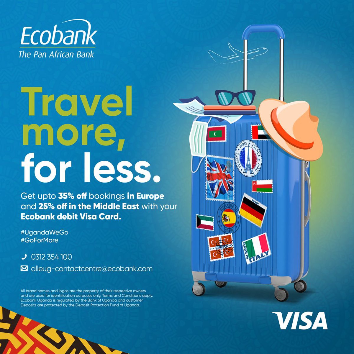EcobankUganda's tweet photo. Traveling just got better and softer! 
Travel endlessly and abundantly without the worry of spending more whilst using our Ecobank Visa debit card. 

#GoForMore 
#UgWeGo
 #RelaxMore 
#ExploreMore https://t.co/KoRbwNElDi
