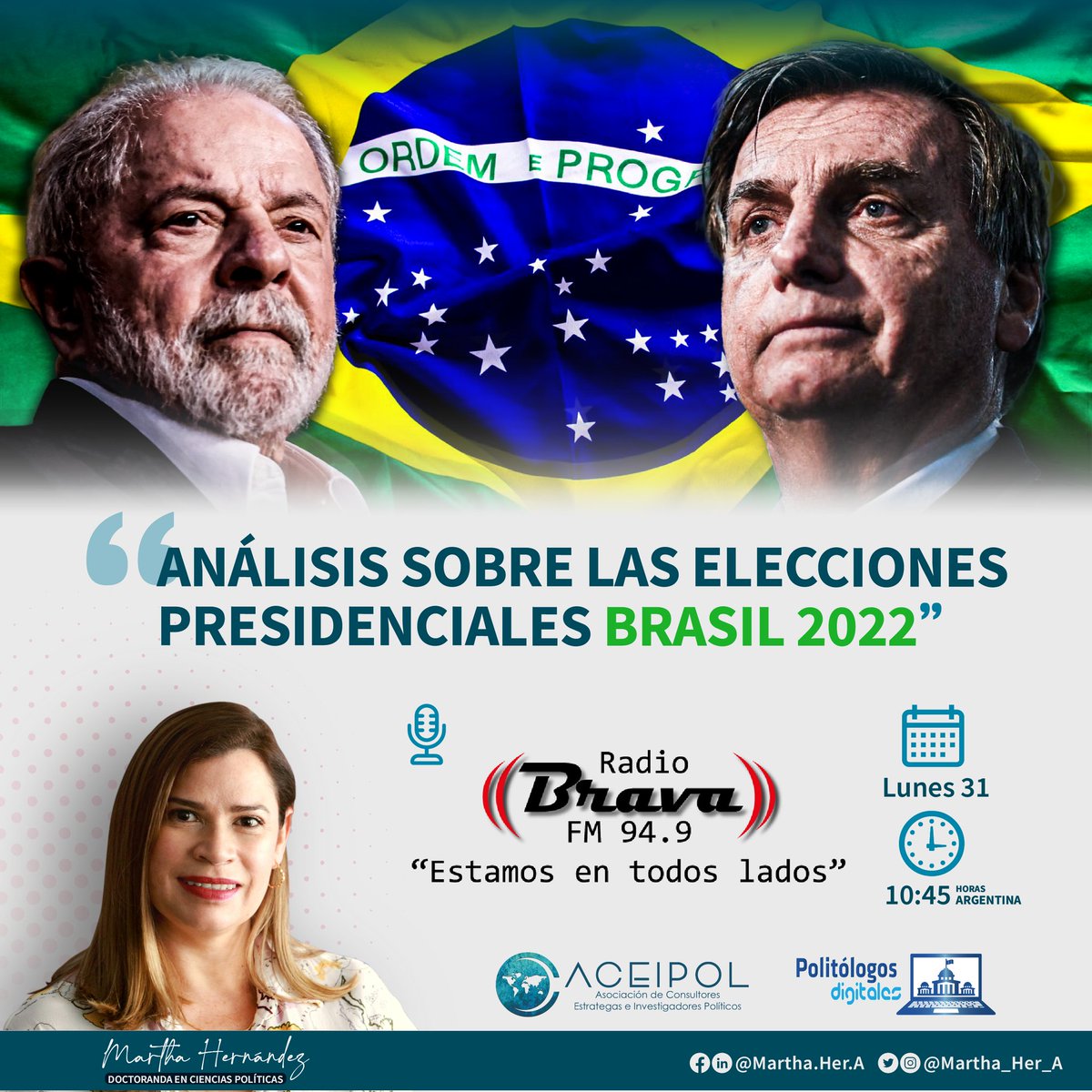 martha_her_a's tweet photo. Los invito a escuchar la entrevista que estaré brindando para Radio Brava de Puerto Madryn Chubut Argentina 🇦🇷, hablando sobre el "Analísis de las Elecciones Presidenciales en Brasil"🇧🇷🗳️

Pueden escucharlo aquí 👉 https://t.co/hXbIaGs7hz

#Elecciones2022 #Brasil #Lula #Bolsonaro https://t.co/Cygq19Lq3N