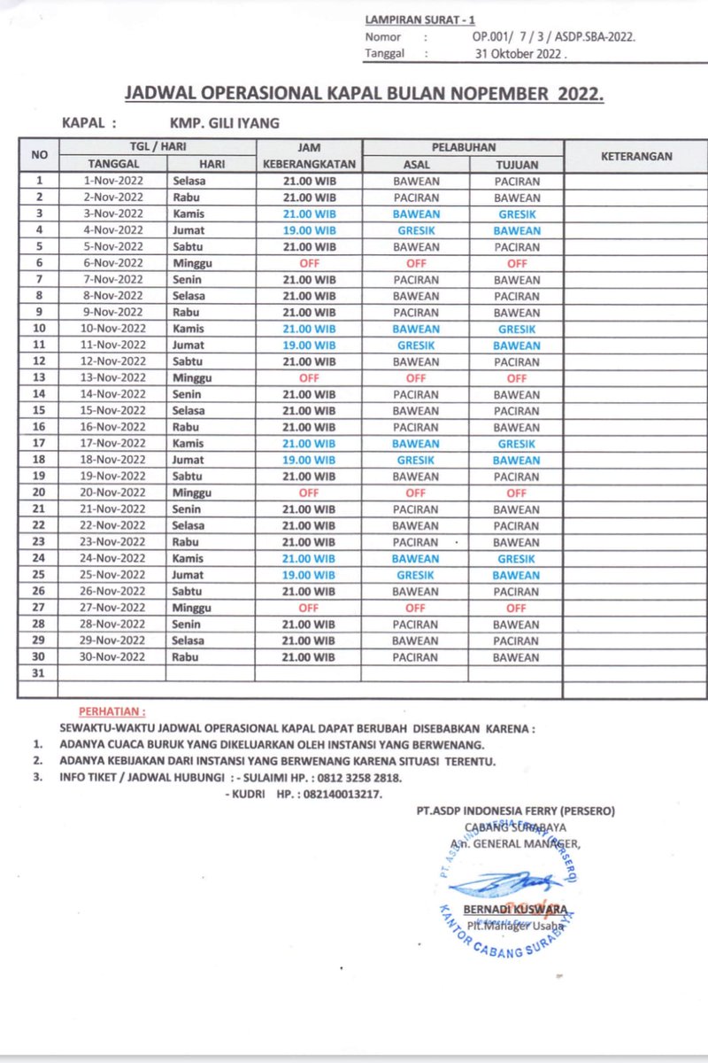 Jadwal KMP Gili Iyang rute Pulau Bawean - Paciran dan Gresik bulan Nopember 2022 <a href="/kemenhub151/">Kemenhub RI</a> <a href="/asdp191/">ASDP Indonesia Ferry</a> <a href="/pemkab_gresik/">PEMERINTAH KABUPATEN GRESIK</a>