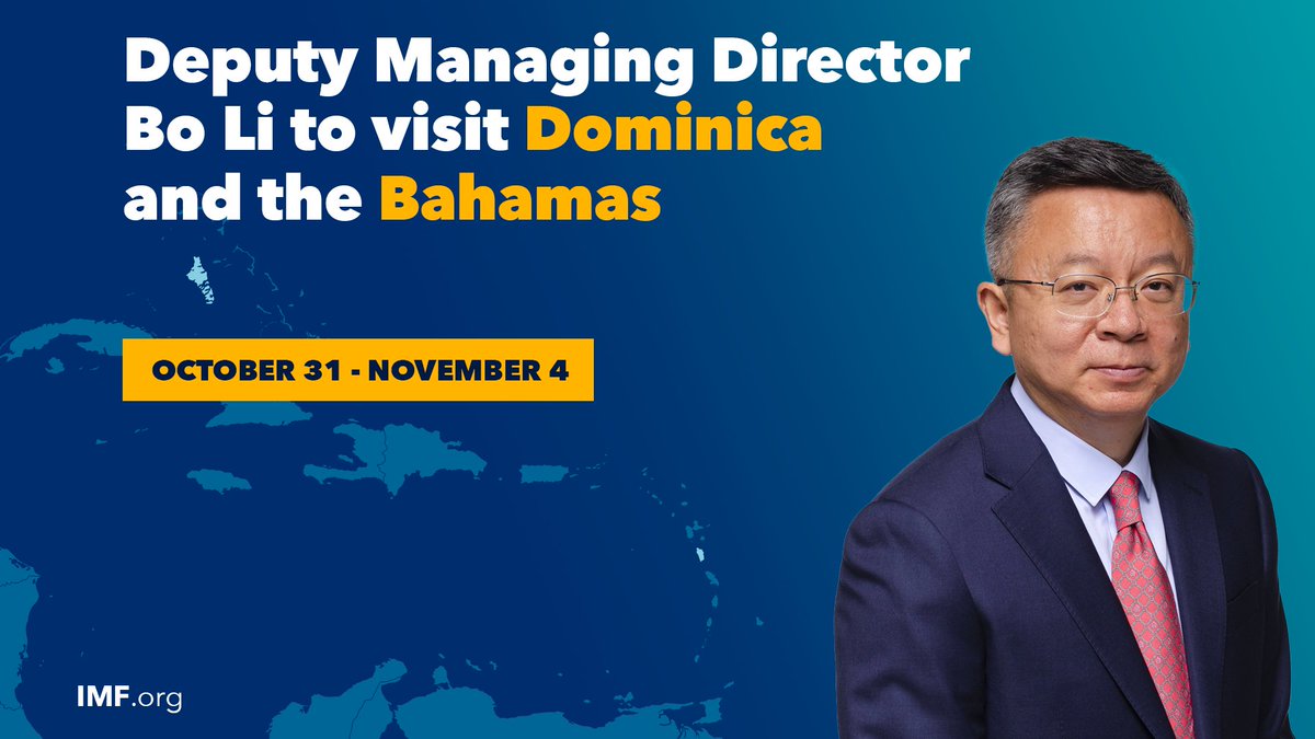 Deputy Managing Director Bo Li will visit 🇩🇲 and 🇧🇸 from Oct 31-Nov 4. Highlights of the visit include meetings with PM @SkerritR and PM @HonPhilipEDavis to continue the dialogue on climate resilience and how the IMF can help catalyze climate financing. Follow via #IMFCaribbean