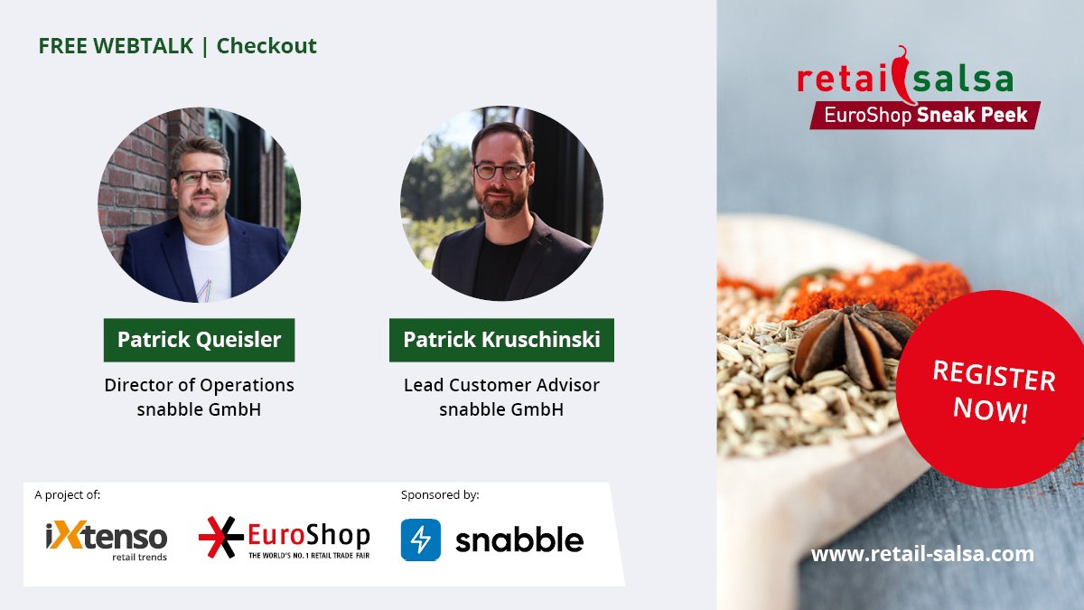 EuroCIS's tweet photo. What #checkout solution gives the right flavor to my store? Patrick Queisler and Patrick Kruschinski from @snabble_io will share their best recipes in our first #RetailSalsa EuroShop Sneak Peek🌶️  this Wednesday! 👉 https://t.co/Z8Eao3VhGx

~ A project of @iXtenso and @EuroShop ~ https://t.co/BldtvKbxvo