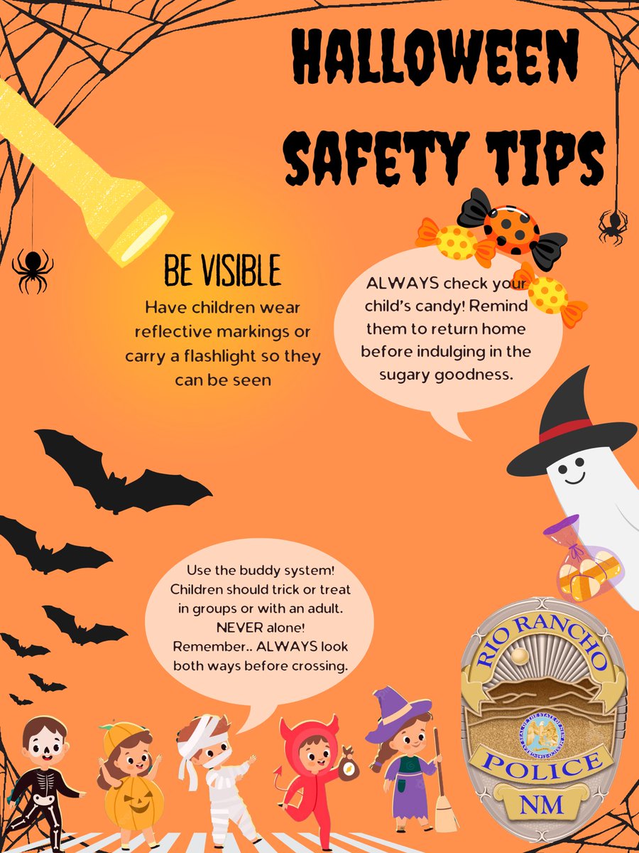 RioRanchoPD1's tweet photo. Safety comes first, even on Halloween 👻 We want everyone to stay safe and have a scary good time so please review these safety tips!
#halloweensafety #rrpd https://t.co/aNWG0zXq4x