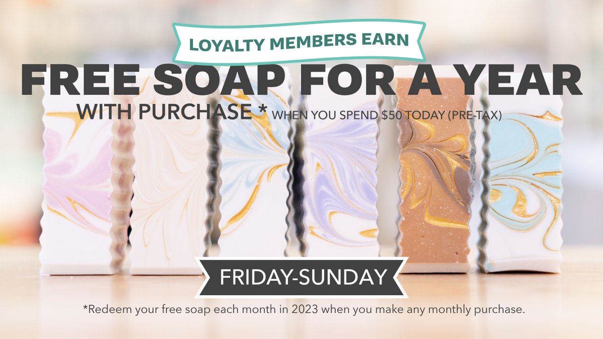 Spend $50 (pre-tax), Get FREE Soap Bars for a Year 🎉 🧼 No tricks, just handmade treats! Don’t shy away from these scary savings 😱 Sale valid 10/28-11/6.
See “Free Soap for a Year” terms at buffcitysoap.com/pages/promotio… for details.