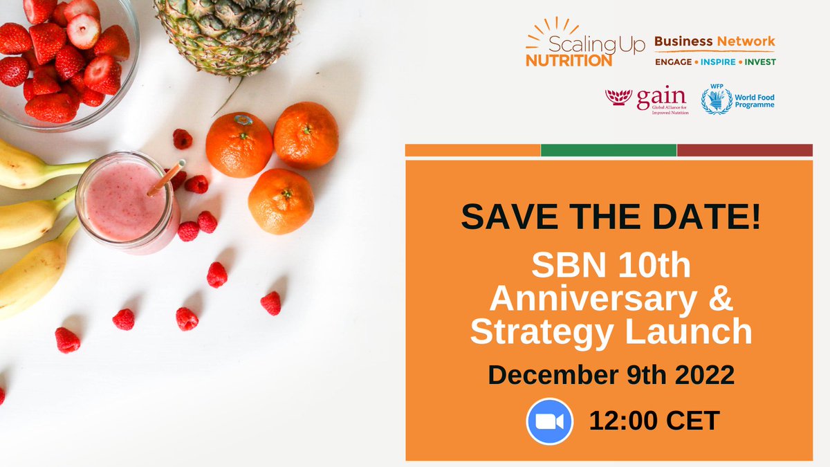 Good News!
The SBN 10th anniversary is now scheduled to hold on the 9th December, 2022 by 12:00 CET. Save the Date!
Supporting the private sector to achieve improved nutrition for all.
#anniversary #10thanniversary #privatesector #SMEs #nutrition