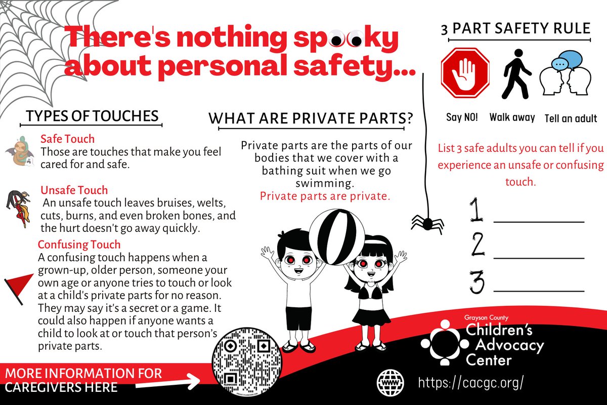 Happy Halloween Grayson County! Remember - there is nothing SPOOKY about personal safety. In fact, while it can seem a little scary to talk to your kids about personal safety it is essential to keeping them safe from abuse. Need more info? Message us or email sjunior@cacgc.org!