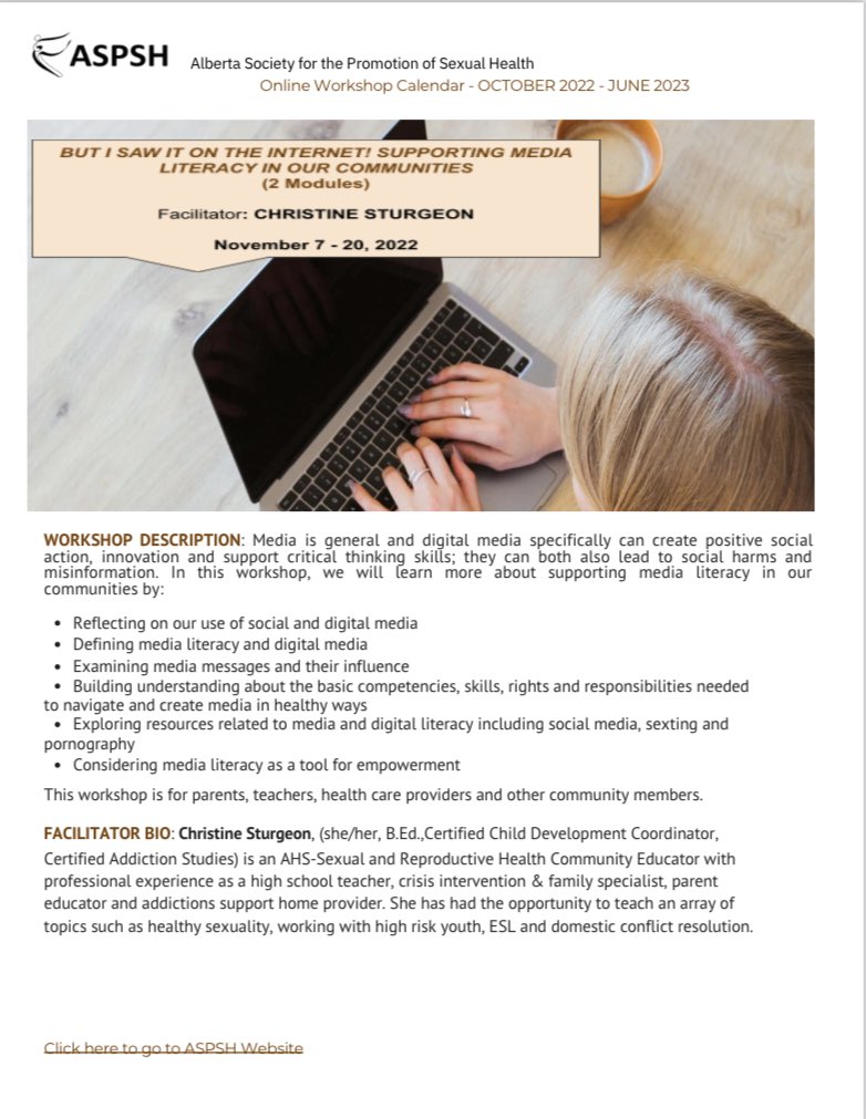 ASPSH's tweet image. Parents, teachers, health care professionals &amp;amp; students - increase your awareness of both the positives and negatives of media in general &amp;amp; digital media in particular. ASPSH.ca/shop to register for BUT I SAW IT ON THE INTERNET: SUPPORT MEDIA LITERACY IN OUR COMMUNITIES