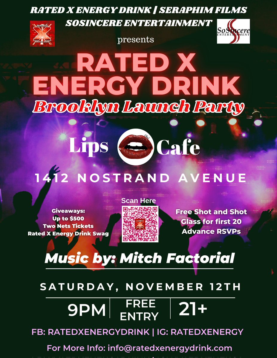RatedXEnergy's tweet photo. #RatedXEnergyDrink Brooklyn Launch Party

Music by @Mitchfactorial 

@LipsCafe_ on Saturday Nov. 12th

9pm | 21+

More Info: https://t.co/BXlvoEEZiN

To be a vendor at this event: info@ratedxenergydrink.com https://t.co/0fOScZmQgI