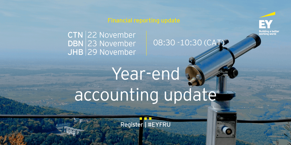EY_Africa's tweet photo. Register to join us in person at our offices for our upcoming year-end accounting update.
22, 23, 29 November 2022, 08:30 - 10:30 (CAT): https://t.co/2MxtASPywq

#EYFRU https://t.co/2Ishjkx6uf