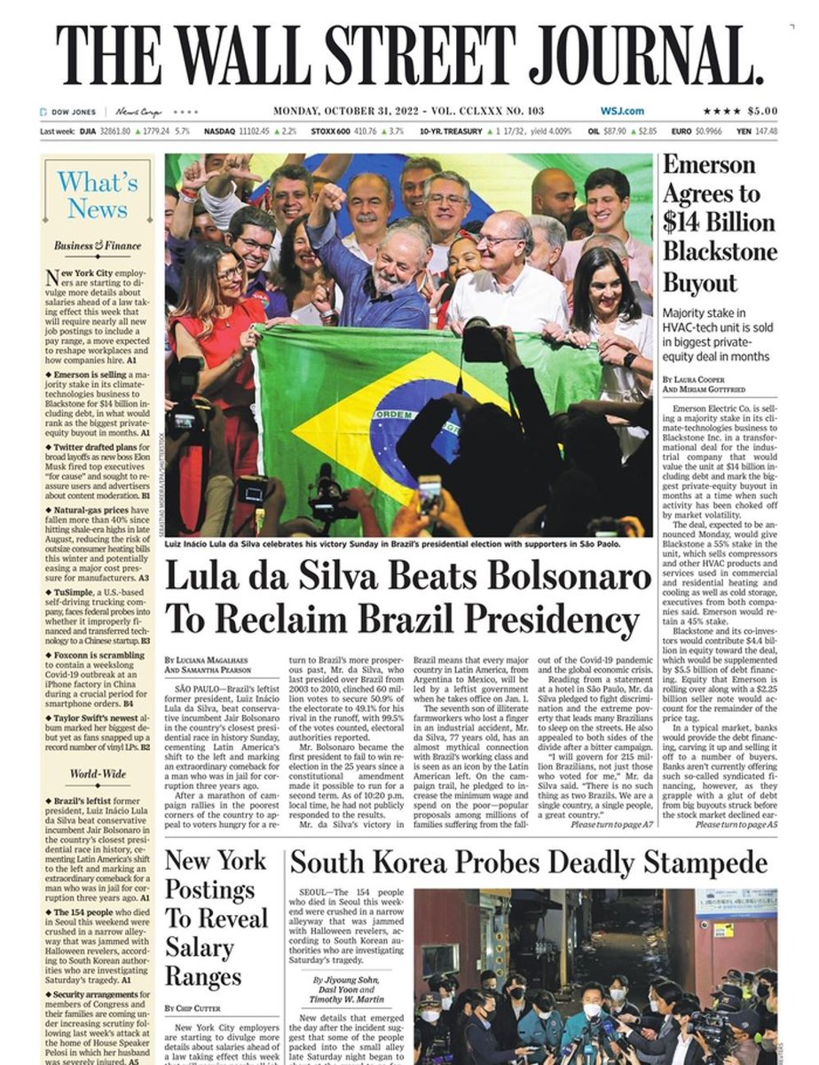 The front page of The Wall Street Journal this morning.
Monday, October 31 2022.