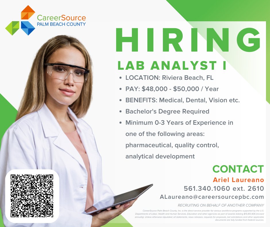 CareerSourcePBC's tweet image. Start your career TODAY! A local manufacturer is seeking an experienced candidate to offer end-to-end solutions for local pharma and healthcare companies, launching new and innovative products. For more information, please contact our assigned recruiter. #JobAlert #LabAnalyst