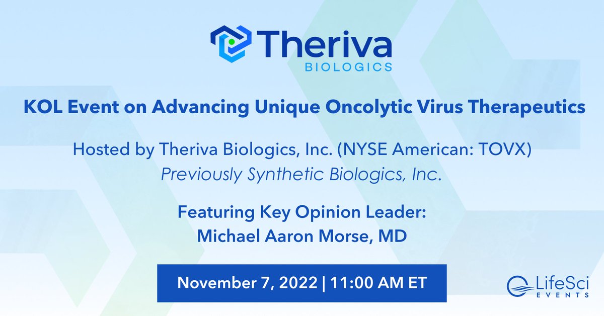 LifeSci Advisors (@lifesciadvisors) on Twitter photo Join us for a discussion hosted by <a href="/TOVXBiologics/">Theriva Biologics</a>, featuring Dr. Michael Aaron Morse, on the oncolytic virus landscape and Theriva Biologics’ encouraging data from novel oncolytic adenovirus (OV) platform. Register here: lifesci.events/TherivaReg Join us for a discussion hosted by <a href="/TOVXBiologics/">Theriva Biologics</a>, featuring Dr. Michael Aaron Morse, on the oncolytic virus landscape and Theriva Biologics’ encouraging data from novel oncolytic adenovirus (OV) platform. Register here: lifesci.events/TherivaReg