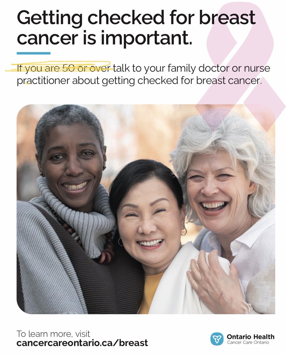 ⁦I just received this from @CancerCare_ON⁩ recommending women age 50+ get screened for breast cancer. This is a conversation that at least begins at age 40. Time for an update. ⁦@NightShiftMD⁩ ⁦@gilldeacon⁩ ⁦@JeanSeely⁩