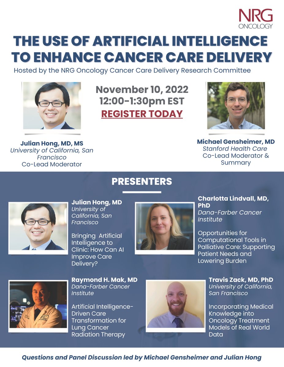 NRG Cancer Care Delivery Research Committee will be hosting a webinar on the use of artificial intelligence and its role in varied cancer care delivery settings on Nov.10, 2022 from 12-1pm ET. More info: ow.ly/rJLL50L8pQY - Register here: ow.ly/fIm550L8pQZ #AI #CCDR