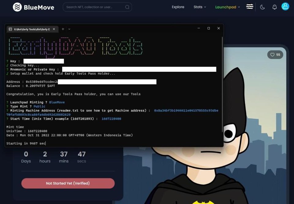 Bot mint NFT (Aptos)

drive.google.com/file/d/1Y9hK4Y…

How to get key?
- Join dc discord.gg/dEau4zbA
- follow, like and retweet
!! Takut ada rat? Gaush pake
Takut walletnya kenapa napa? Pake wallet baru ygy :)