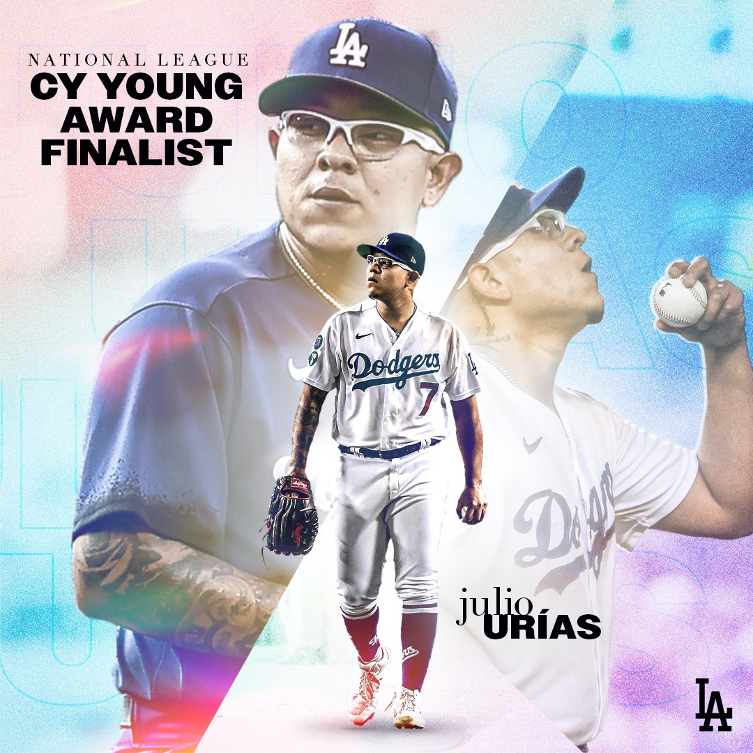 Dodgers's tweet photo. El Culichi, your 2022 NL Cy Young Award finalist. Congratulations, Julio! https://t.co/w2OQ6i3mvf