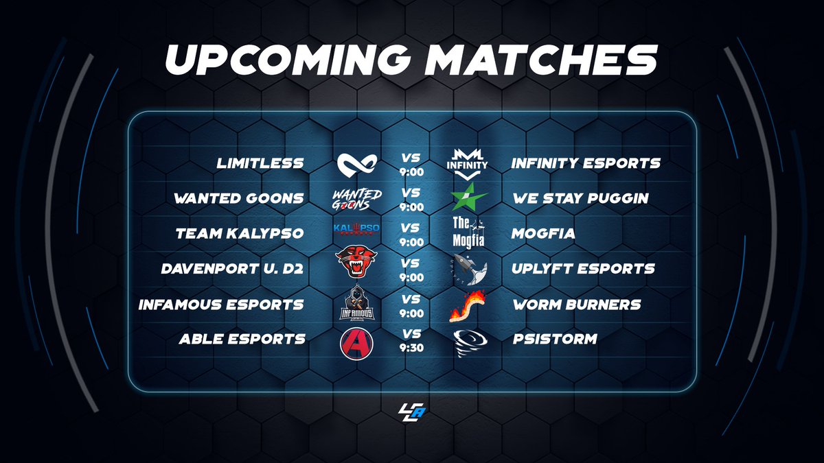 Tonight's matches covered by LCA! 🚨

⚔️ <a href="/DU_Esport/">Davenport Esports</a> D2 vs <a href="/UplyftGG/">Uplyft Esports</a> 
🎙️ <a href="/icee_lahp/">icee</a> 

⚔️ @InfamousGN vs #WormBurners
🎙️ @ynoTFPS 

⚔️ <a href="/AbleEsports/">Able Esports</a> vs #PSISTORM
🎙️ @Kamaka_18 

Streams are linked in the replies below! ⬇️