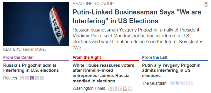 AllSidesNow's tweet photo. Russian businessman Yevgeny Prigozhin said Monday that he had interfered in U.S. elections and would continue doing so in the future.

See the potential bias and similarities in coverage from @washtimes, @guardian and @reuters:

https://t.co/fsVZK1sQY7 https://t.co/OS2JKodD70