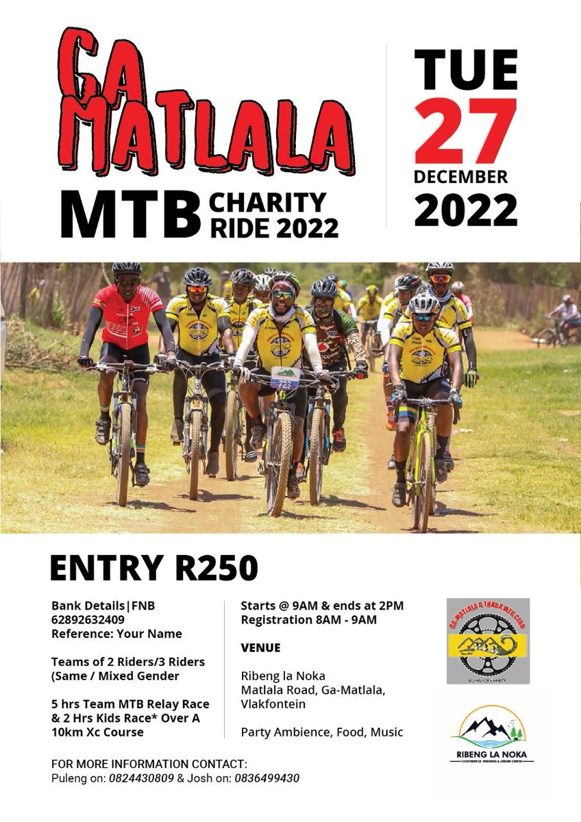 monnimontja's tweet photo. Ga-Matlala MTB Charity Ride 2022. Giving back to the Community- tuition fees goes towards underprivileged best matriculants (+/-3) of 2022 learners in Ga - Matlala area towards their 2023 registration/tuition fees. Solo/Teams rides permitted. #Gamatlala #GaMatlalaMTB https://t.co/0oc1OTzHsa