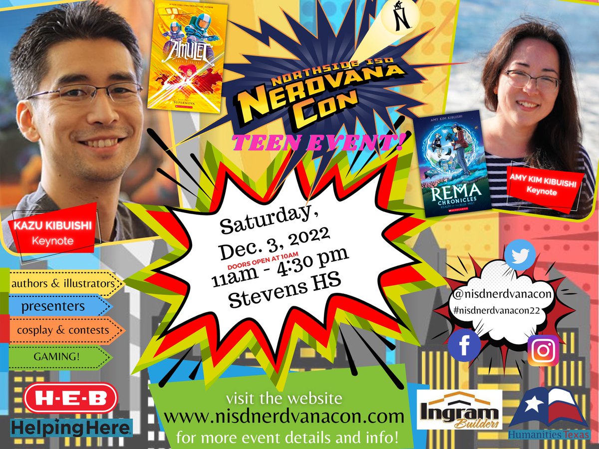NISDHarlanLib's tweet photo. Save the date! #NerdvanaCon is back - 💥LIVE and IN PERSON💥- and back with some fabulous speakers! Ask your @NISDLib librarian for info on contests or go to https://t.co/MfLqohBg6O #nerdvanacon22 @NISDHarlan https://t.co/ZvaY0oqsqb