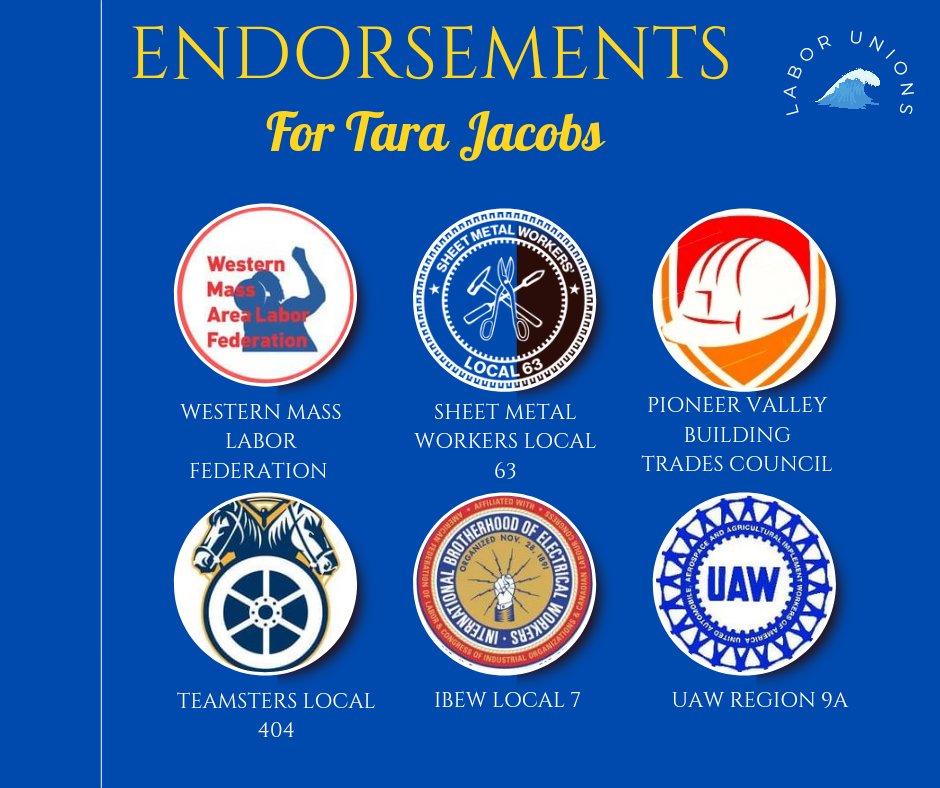 I am so proud to share these #UnionStrong endorsements! Thank you for your support, encouragement and help! @WWmalf @UAWRegion9A #Teamsterslocal404 #PioneerValleyBuildingTrades #SheetMetalWorkers #IBEWlocal7 #mapoli #taragovcouncil2022 Learn more at: tarajacobs.com