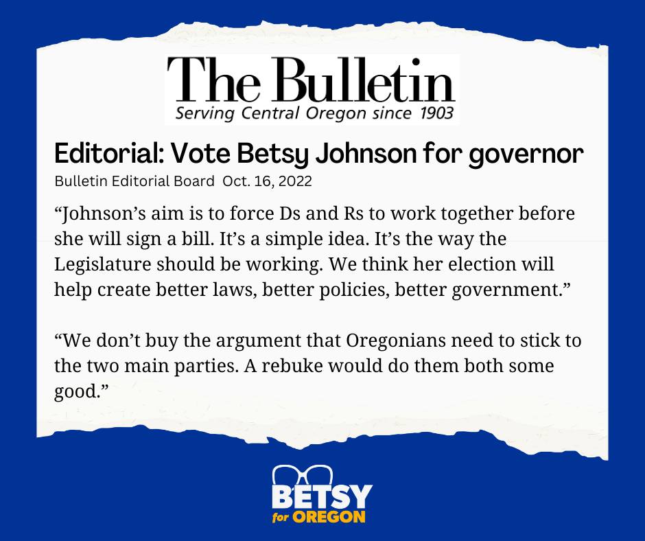 senbetsyjohnson's tweet photo. The Bend Bulletin endorsed Betsy over her opponents because they know that she will force the two political parties to work together, leading to better laws, better policies, and better government. 

Read their full endorsement here:  https://t.co/VoHrAyxqM2 https://t.co/qThV995tjD