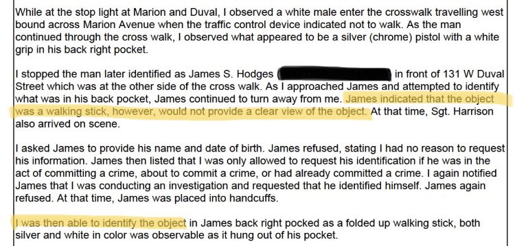 GrownRoom's tweet photo. .@ColumbiaSheriff report on the arrest of Jim Hodges: “James indicated that the object was a walking stick, however would not provide a clear view of the object.” #CopsLie https://t.co/Z6AKXaAmoL